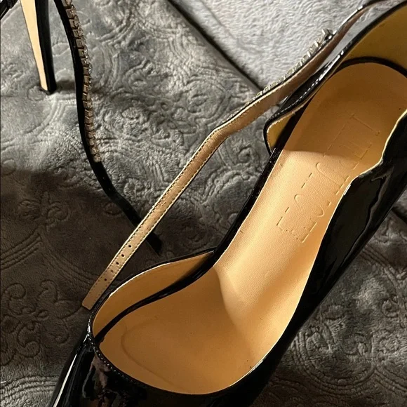 Black Patent Peep-Toe Platform 6 inch Heels with Rhinestone Ankle Strap - Picture 16 of 16